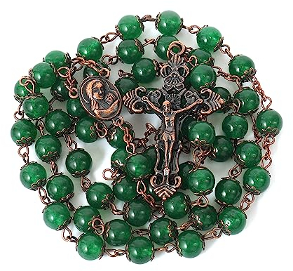 Nazareth Store Vintage-Rosenkranz aus natürlichen grünen Jadesteinperlen, 8 mm, Heilige Erde, Medaille, Kreuz, Kruzifix, religiöse Rosenkränze