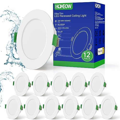 HOMEOW 12er Set Einbaustrahler LED Flach, 230V 5W 450 Lumen, Kaltweiß 6000K Spot, Ausschnitt 75-85mm, Durchmesser 100mm, IP44 Wasserdicht für Badezimmer Küche Wohnzimmer