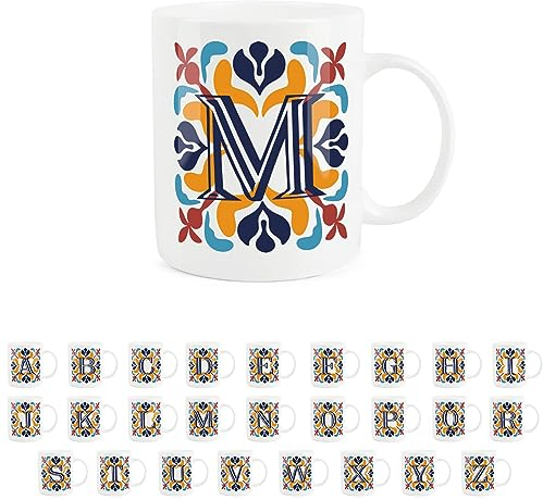 Purely Home Moroccan Tile Red & Navy Blue Letter M Mug - White Initial Personalised Alphabet Tea Coffee Bone China Mug