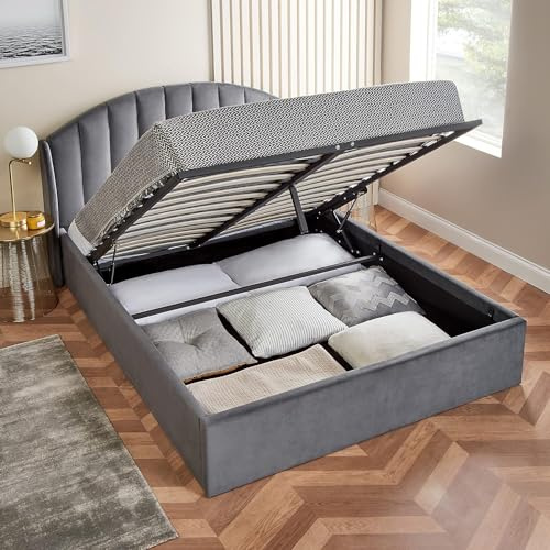 Home Treats Grey Velvet Ottoman Storage Bed Frame, Winged And Padded Headbord Under Bed Storage (Double, No Mattress)