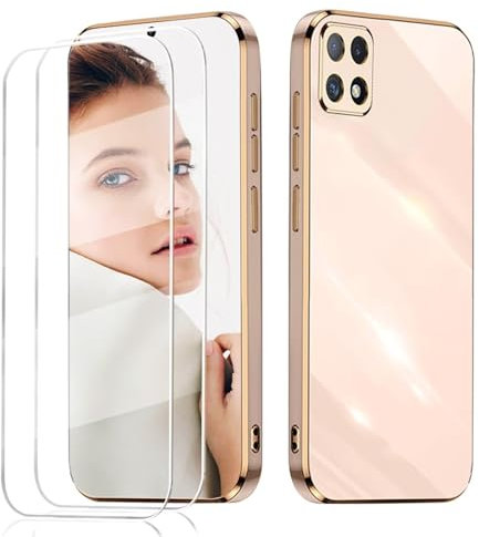LENGRACE Coque Galvanisé pour Samsung Galaxy A22 5G avec 2 Verre Trempé,Bords Plaqués Tendance Silicone TPU Antichoc Anti-Rayures Coque-Rose