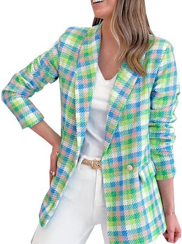 Herbst Und Winter Damen Langarm Taschen Bedruckt Kariert Schlank Langarm Bequem LäSsig Zwei-Knopf Jacke Damen