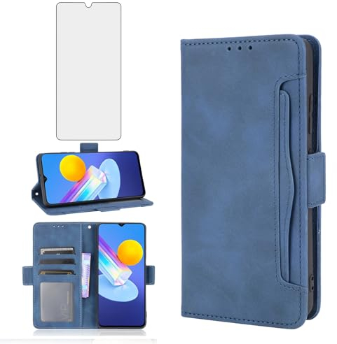 Asuwish Handyhülle für Vivo Y53s/Y72 5G/iQOO Z3 Hülle mit Glas Folie Schutzfolie Kartenfach Klappbar Leder Geldbörse Ständer Panzerfolie Y 53s 72 Handy Hüllen Schutzhülle Cover Phone Case Blau