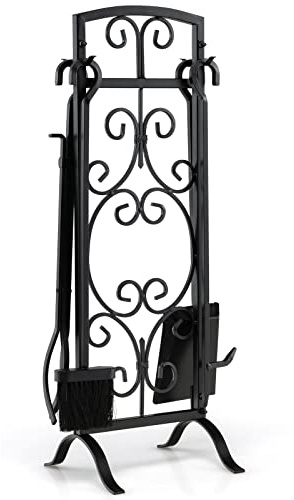 COSTWAY 5 Piece Fireplace Tools Set, Iron Fireside Companion Set-Brush, Poker, Shovel and Tong, Easy Assembly Fireplace Accessories Fire Pit Stand (24 x 23 x 76 cm)