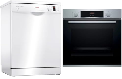 Bosch SMS25AW05E Serie 2 - Lavavajillas Libre Instalación, Sin HomeConnect, 12 Servicios, Blanco, 60 x 60 x 84.5 cm & Serie | 4 HBA512ES0 - Horno eléctrico, Limpieza con Aqualisis, 60x60 cm