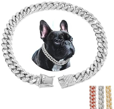 Sliver Chain Dog Collar, Glitter Rhinestone Sparkly Diamond Metal Bling Necklace Cuban Link Cat Collars For Small Medium Large Pet Dogs Puppy, 8 inch