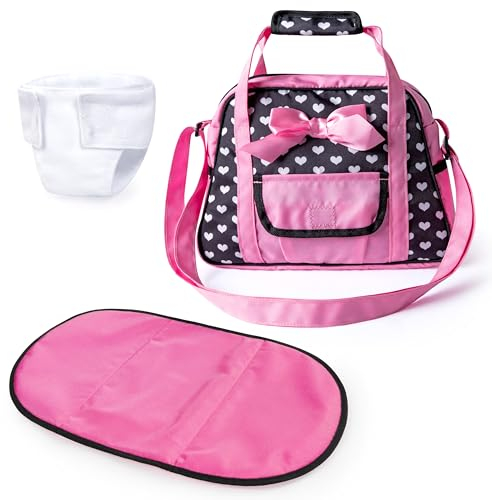 Bayer Design 69060AA Wickeltasche für Puppen, Winkelunterlage, Stoffwindel, Puppenzubehör, Tasche, Schwarz, Rosa