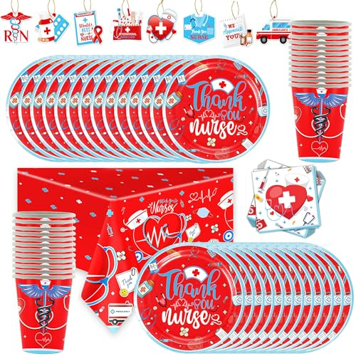 Utensilien für den Krankenschwestertag,Ärzte Partygeschirr,Teller, Tassen, Serviette, Tischdecken und Verzierte Hangtags,Krankenhaus Personal Party Dekoration Zubehör,Set Für 24 Personen