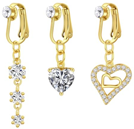 NIUSIMAN 3 Pièces Faux Piercing Nombril Clip Or en Acier Chirurgical - Hez Long pour Papillon Non Piercing
