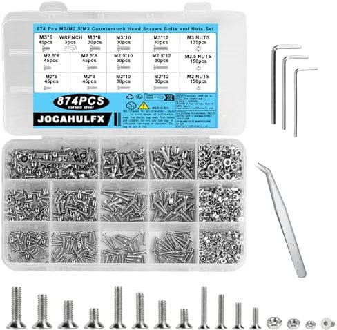 874 Pcs M2 M2.5 M3 Flat Head Hex Socket Head Cap Screws Bolts and Nuts Set, Flat Head Machine Screws, Countersunk Head Screws Bolts, Allen Head Nuts and Bolts Assortment Kit