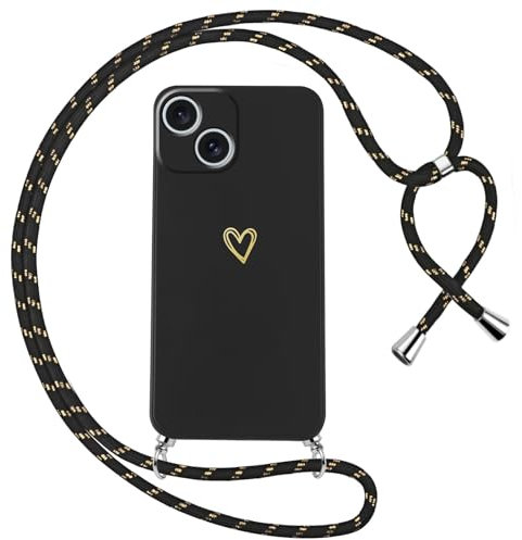 Oelrstfe Coque pour iPhone 15 avec Cordon de Collier Étui Housse Souple Silicone avec Motif Coeur et Portable Lanyard Réglable Antichoc Anti-Chute Bandoulière Lanière Case,Noir