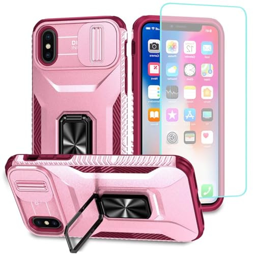 Wanyuexes Case for iPhone Xs Max Case with Tempered Glass Screen Protector and Slide Camera Cover, Rotated Ring Car Mount Holder Shockproof Cover for Apple iPhone Xs Max Pink Wine