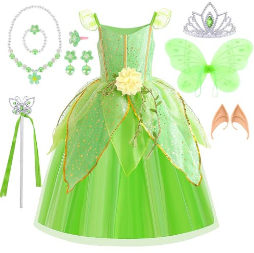 YYDSXK Tinkerbell Kostüm für Kinder, Feenkleid mit Flügeln und Krone, Mädchen Feenkleid für Geburtstag, Karneval, Halloween (Grüne, 110)