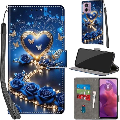 PHINIENLAND Coque pour Motorola Moto G24 / G04 / E14 Cover [Housse en Cuir PU Premium] [Etui à Rabat] [Pochette de Portefeuille], Étui de Protection pour Moto G04s / G24 Power,Rose Bleue