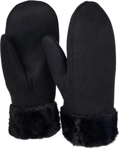 styleBREAKER Damen Winter Fäustlinge aus Veloursleder-Optik mit weichem Kunstfell-Bund - Warme Fausthandschuhe 09010048, Farbe:Schwarz