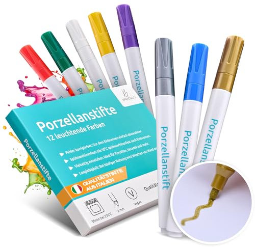 Brandalo® Premium 12er Set Porzellanstifte spülmaschinenfest – Glasmalstifte spülmaschinenfest - Keramik bemalen Set - Keramik Stifte - Porzellan bemalen - Keramikstifte spülmaschinenfest
