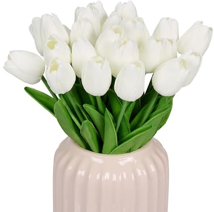Relaxdays künstliche Tulpen, 24 Kunstblumen wie echt, dekorative Kunsttulpen aus Kunststoff, ca. 33,5 cm lang weiß/grün