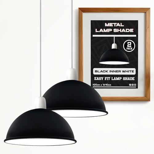 Set mit 2 Metall-Lampenschirmen, 40 cm, für Decken- und Pendelleuchten, einfach zu montierende Kuppellampenschirme für industrielle Deckenleuchten, dekorative (Schwarz innen weiß – 2er-Pack)