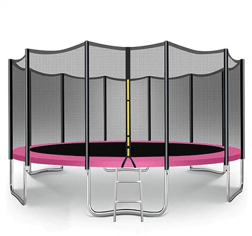 Trampoline for Kids - 6ft/8ft/10ft/12ft/14ft/16ft, Safety Enclosure Net, Ladder, Weatherproof Cover & Shoe Bag Included - Durable Outdoor Bouncing Fun (Pink, 14ft)