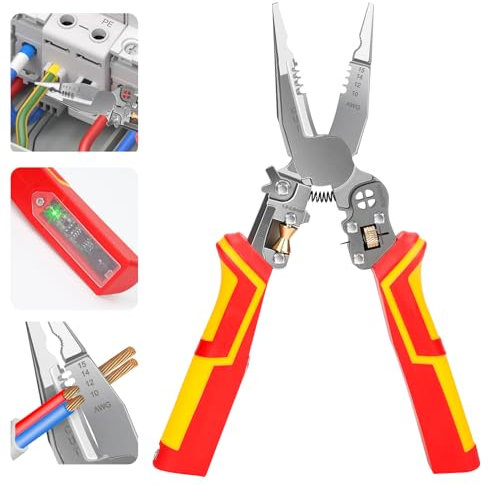 HRGOYY 9 in 1 Abisolierzange mit Spannungsprüfer, 2025 Upgrade Multifunktionale Elektriker Werkzeug - Elektriker Zange,Stripper zum Abisolieren, Crimpen, Schneiden, Ziehen, Wickeln, Spalten