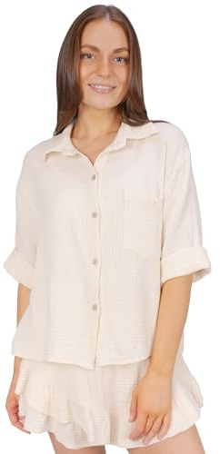 Seasons of April Musselin Bluse Damen aus 100% Baumwolle - kurz, luftig & locker - Frühling, Sommer mit Brusttasche - Celine (Creme S/M)