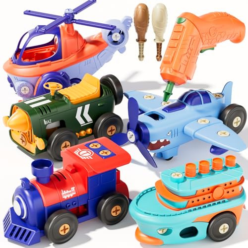 Skirfy Elektrische Schraub-Spielzeugautos zum Auseinanderbauen, 5-teiliges Bauset mit Werkzeug, Motor & Bohrmaschine, STEM Lernspielzeug