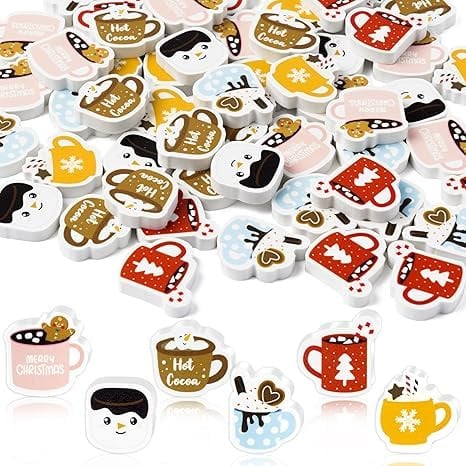 A1DIEE 60pcs Winter Mini Radiergummi für Kinder Masse, heiße Kakaobecher Gummiräder Cartoon Bleistift Gummi 3D Schreibtisch Puzzle Gummi für Kinder Klassenzimmer Preise Winter Party Geschenke