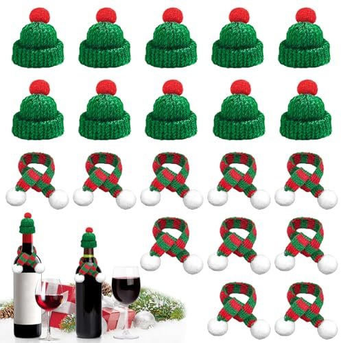 xiaoxiaozhijia 20 Stück Mini Weihnachtsmützen und Schal-Set,Mini Weihnachtsdeko,Sorgenwürmchen Zubehör,geeignet für Weinflaschen,Puppen, Kunsthandwerk und festliche Geschenkdekorationen