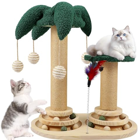 Nastopee 6 en 1 Rascador para Gatos de 50 cm Torre con Bolas Colgantes, Plumas, Bola Giratoria Inteligente Arbol Gato Rascadores de Gatos y Gatitos de Interior Centro de Actividades