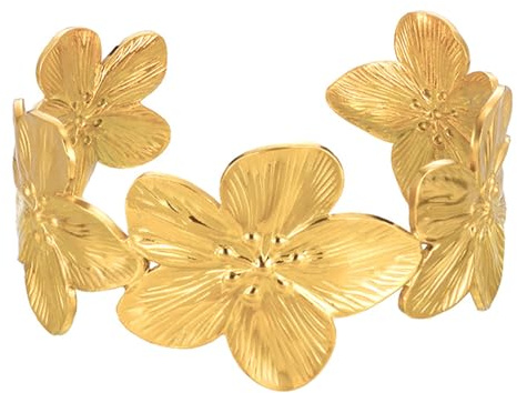 KRISFD Gold Armreif Damen Blumenarmband, Gold Nische Offene Blumenarmbänder Schlichtes Goldenes Manschettenarmband Blumen, Stilvolles Accessoire für Alltag & Besondere Anlässe Geschenkidee für Frauen