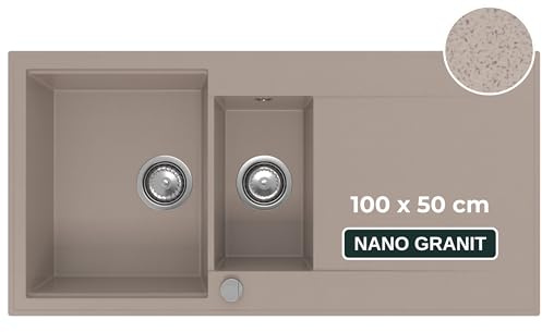 SINK QUALITY Spülbecken beige 100x50 cm, Granitspüle 1,5 Becken, Spüle mit Siphon und Imprägniermittel, Küchenspüle ab 60er Unterschrank