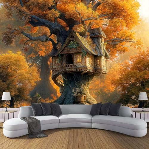 Tapete Fototapete 3D Märchenhaftes Baumhaus 200×140cm(W×H) Vliestapete Wandbild Fototapeten, Herbst Blätter Wald Vlies Tapeten XL Wandtapete Schlafzimmer, Wohnzimmer, TV Hintergrund