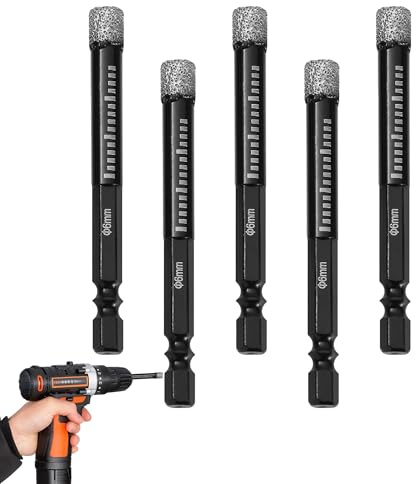 5PCS Porcelain Tile Drill Bits Set, 6mm Diamond Drill Bits, Glass Dry Drill Bits Set, Hex Shank Diamond Dry Drill Bit Sets for Granite, Ceramic, Marble, Tile Stone, Glass, Hard Materials