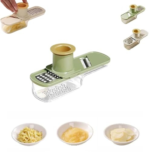 Mini Garlic Slicer,Multi-Functional Veggie Chopper with Hand Guard,3 in 1 Garlic Ginger Grinder Vegetable Cutter with Container,Easy to Use and Clean,Steel Garlics Press for Home Kitchen (Green)
