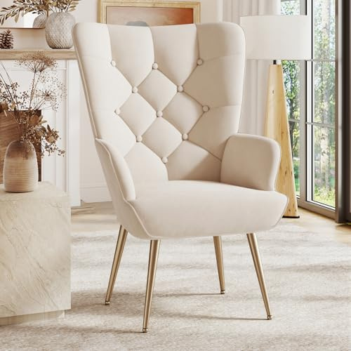 Aivermeil Sessel Wohnzimmer Einzelsofa Loungesessel modern Relaxsessel mit Hocker,Gold Metallfüßen, Samt, für Wohnzimmer Schlafzimmer, Bis 150 KG (Creme, ohne Hocker)