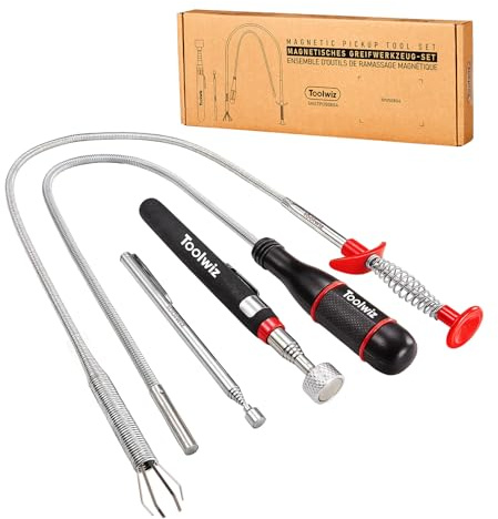 Toolwiz Magnetisches Aufnahmewerkzeug-Set, 4-teilig mit flexibler Klaue | Ausziehbare Greifzange mit flexibler Klaue, 3.6KG Magnet für schwer erreichbare Gegenstände, Biegsamer Feder-Magnetstab