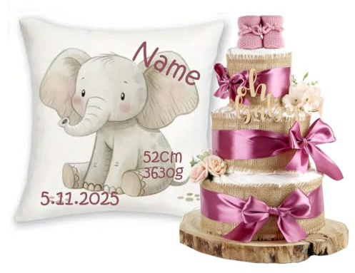 Personalisiertes Baby Geschenkset mit Name und Geburtsdaten Safari Tiere + Windeltorte ALLES JUTE 3-stöckig | Geschenk zur Geburt Mädchen und Jungen (plum, Elefant)