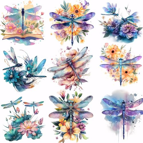 SUPERDANT 9Pcs Watercolor Flower and Dragonfly Heat Transfer Stickers Animal Iron on Transfers Iron on Patches Stickers Washable Sticker Paper for Clothing T-Shirt DIY Applique