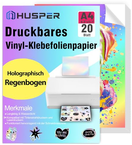 HUSPER Holografisches Regenbogen-Vinyl-Aufkleberpapier, A4, bedruckbar, wasserdicht, kompatibel mit Tintenstrahl- und Laserdruckern, 20 Blatt