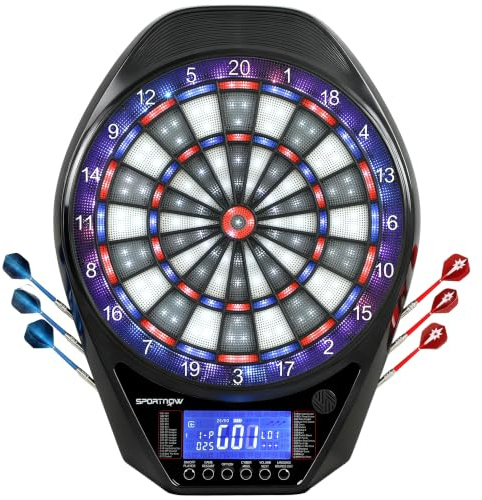 SPORTNOW Cible de Fléchettes Électronique avec Écran LED XXL pour 8 Joueurs | Lumineux Rechargeable, Jeu de Fléchettes Électronique, 6 Projectiles, 24 Pointes, 34 Jeux, 2235 Variantes