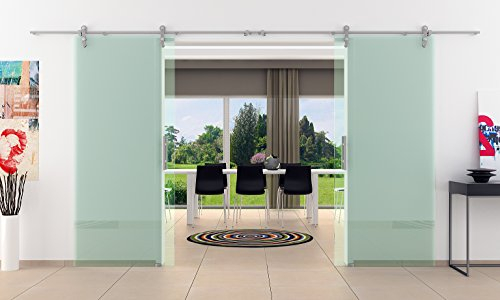 Glas Schiebetür mit 2 Scheiben Schiebetür-Anlage komplett mit Laufschienen & Stangengriffen & Klarglas - Levidor Edelstahl Beschlag mit offenen Laufrollen - 2x775x2050 mm = 1550x2050 mm