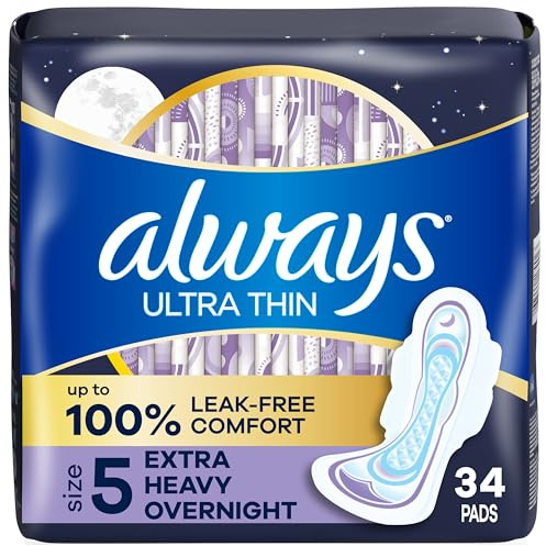 Always Ultra Thin Feminine Pads with Wings for Women, Size 5, Extra Heavy Overnight Absorbency, Unscented, Up to 100% Leak-Free Comfort, 34 Count