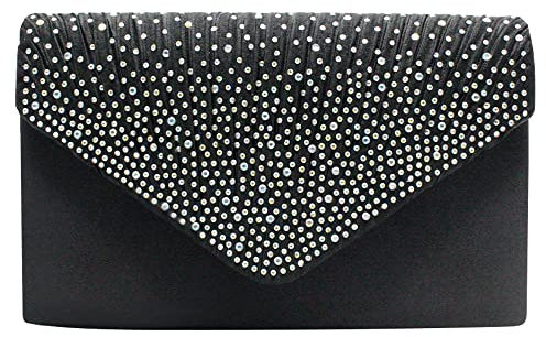 wocharm Womens Ladies Satin Diamante Clutch Bag Envelope Handbag Evening Bridal Bag Wedding Fashion Prom Vintage Shoulder Bags(Black)