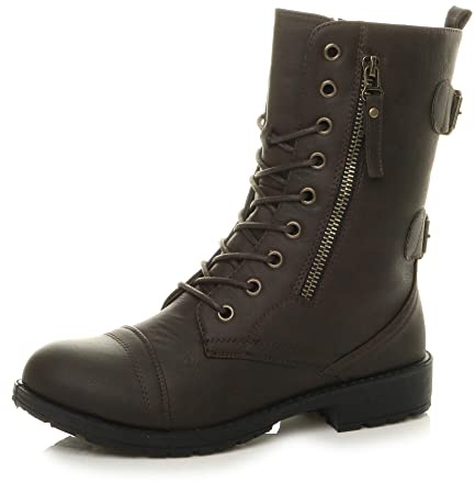 AJVANI Womens ladies flat low heel lace up zip combat army military ankle boots size.