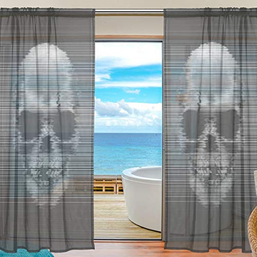 Yibaihe Mnsruu Halloween-Vorhänge mit Totenkopf-Motiv, 213 cm lang, Voile-Vorhang für Wohnzimmer, Schlafzimmer, 2 Bahnen
