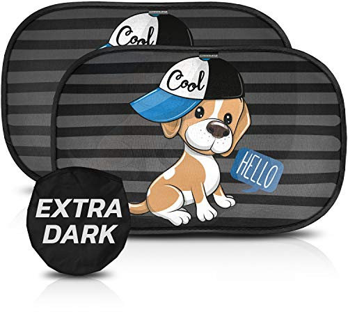 Parasol Coche con protección UV certificada Extra Oscura - Autoadhesivo, para Proteger del Sol a bebés y Mascotas, 2 parasoles para bebé con diseño de Perro M/L de 51x31 cm