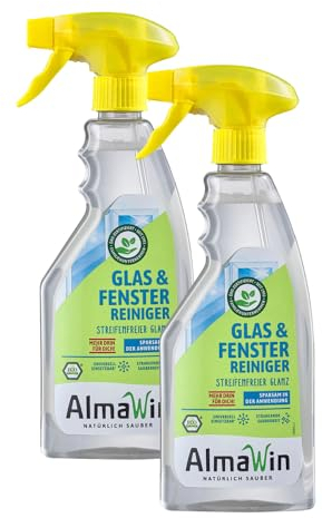 AlmaWin Öko Glas & Fenster Reiniger 2x500ml, Spray mit Schaumfunktion, für eine streifenfreie Reinigung, vegan