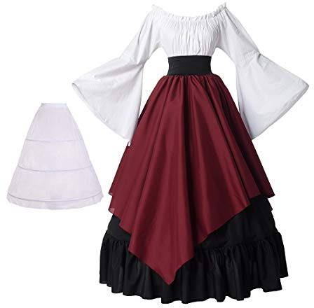 Medieval Dress for Women Renaissance Costume Trumpet Sleeve Victorian Dresses Gown (Top & Skirt & Petticoat) (Black/Red, L)