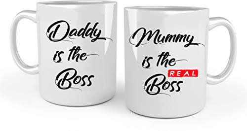 iTRONiK Daddy is The boss, Mummy is The Real boss Mugs Set, Perfect for New Parents Mum and Dad, Xmas Gift, White, 11 Oz Mugs