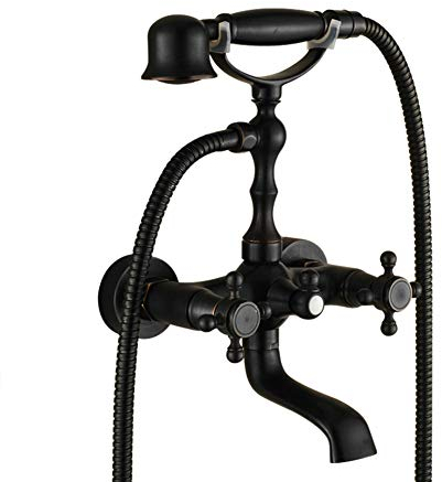 Badewannenarmatur Mit Handbrause - Wannenarmatur, Und Brausehalter | Aufputz Badewanne Wasserhahn - Dusche Set, Mit Umsteller & Keramikkartusche, Zweigriff -Wannenbatterie, Messing, Schwarz,retro-Stil